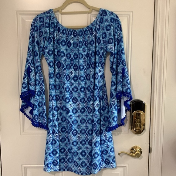 Coastal Mini Pom Pom Dress with Bell Sleeves Blue Sz M - Picture 4 of 6